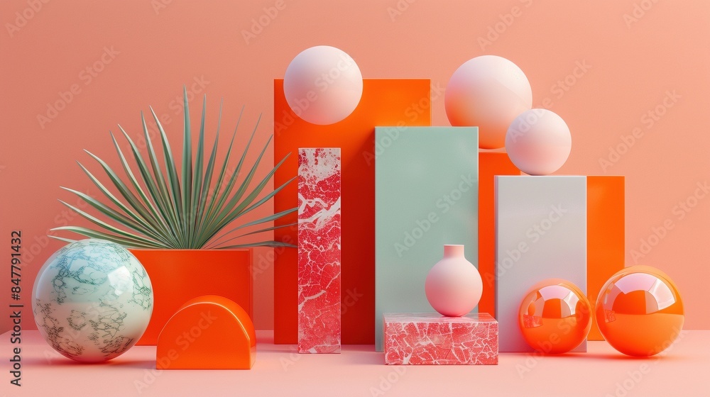 Poster vibrant abstract geometric still life with palm leaf 3d rendering image. colorful composition with m