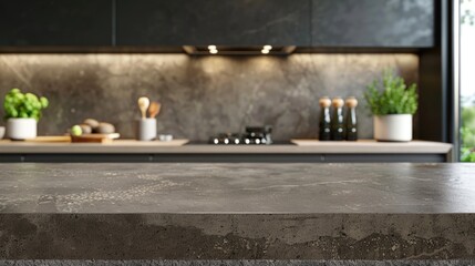 Elegant marble kitchen island or kitchen countertop and space to copy your product against a blurred modern kitchen space. 3D rendering
