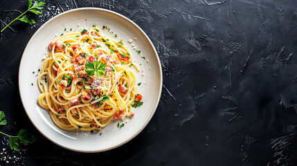 Top view of a white plate with spaghetti carbonara, spaghetti with creamy egg and pancetta sauce, on a black textured background