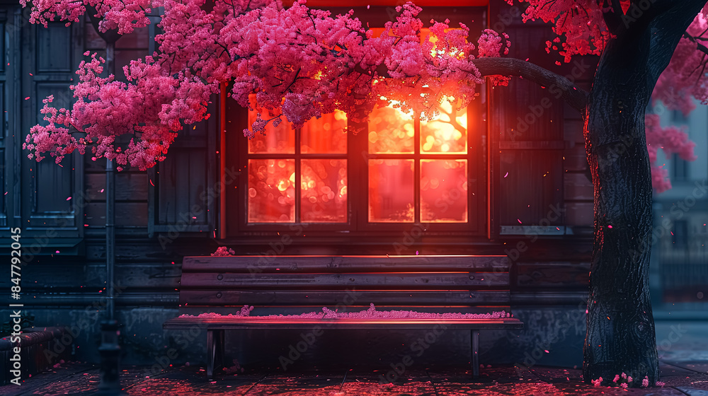 Aufkleber a bench is outside in front of a house with a window. the scene is set in a park with a tree in the 