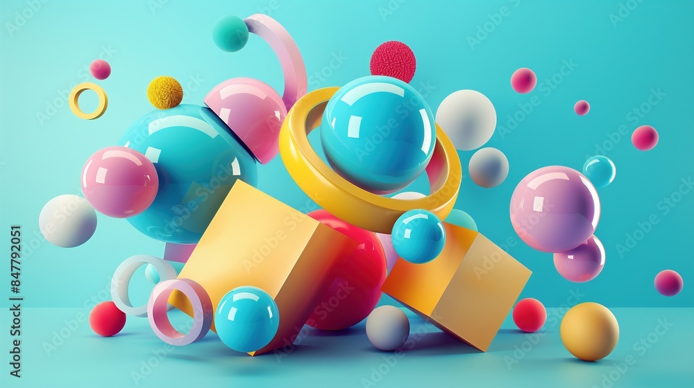 Poster colorful geometric composition with floating shapes 3d rendering image. abstract installation on blu