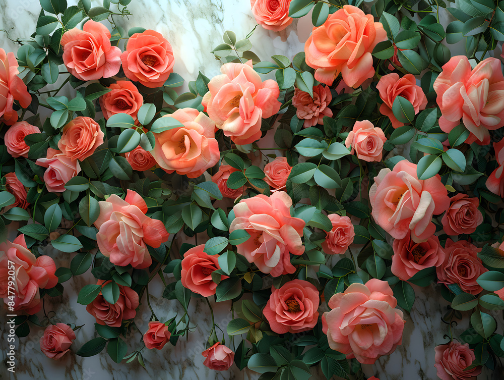 Wall mural roses wall with vibrant colors and lush texture, against a marble background.