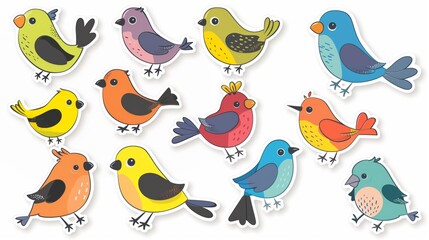 Colorful cartoon birds collection on white background.