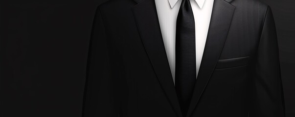 Man in a black suit and tie stands in a dimly lit room