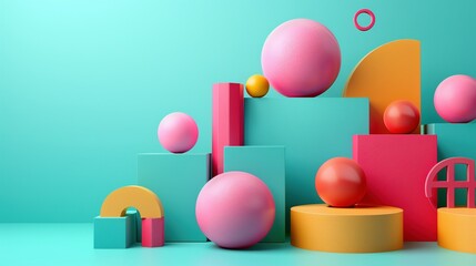 Abstract arrangement of vivid geometric shapes 3d rendering image. Turquoise pink, yellow hues composition wallpaper art colorful realistic. Abstraction concept idea, conceptual photo