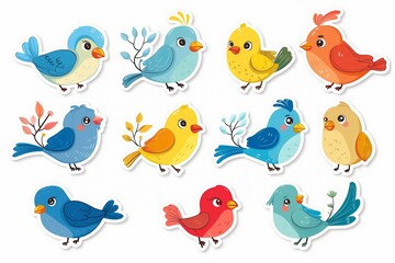 Colorful cartoon birds collection on white background.