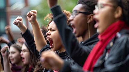 Fototapeta premium Empowerment, unity, strength, diverse people, activism, raised fists, shouting, determination, solidarity, passion, protest, together, focus, crowd energy, collective voices
