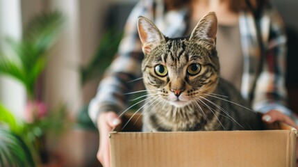 Fototapeta na wymiar Curious cat peeking from cardboard box, adopted to a new home