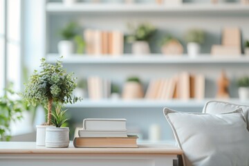 White psychologist office with books and flowers, blurred light room