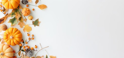Thanksgiving background decoration, fall leaves, berries and pumpkins on a white background