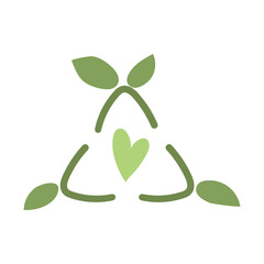 A sign of ecological waste recycling with blooming leaves in the center with a heart. Environmental awareness posters, brochures, graphics on social media. An isolated sign drawn with a green line.