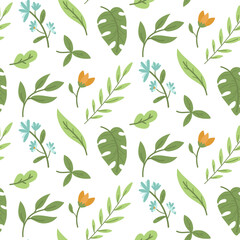 A pattern of painted leaves and flowers. Gentle and natural elements of nature. A repeating texture with natural colored elements. A variety of green leaves with orange and blue flowers on a white