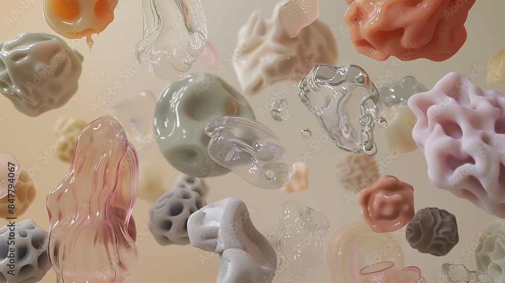 Aufkleber floating organic shapes in soft neutral tones 3d rendering image. minerals, fluids. abstract composi