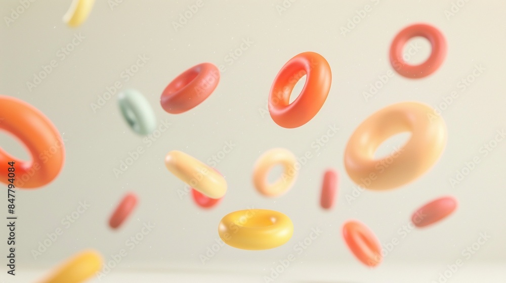 Poster floating pastel torus shapes on beige background 3d rendering image. abstract whimsical composition 