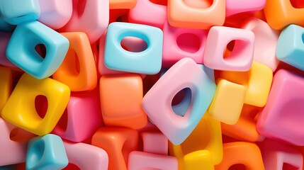 Fototapeta premium Soft pastel cubes and shapes closeup 3d rendering image. Cheerful design. Playful and modern composition wallpaper art colorful realistic. Abstraction concept idea, conceptual photo