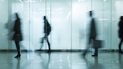 A group of people walking in a hallway with a blurred background
