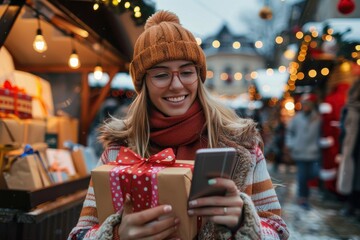 Smiling woman holding a gift box and using a phone at a festive outdoor Christmas market