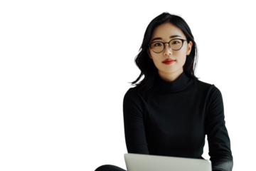 Isolated Young Asian Woman With Glasses Working On Laptop Against A Transparent Background