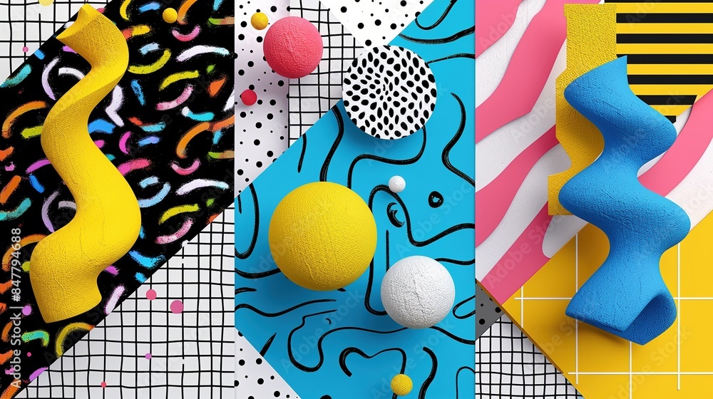 Poster colorful abstract shapes on geometric background 3d rendering image. vibrant patterns. energetic vis