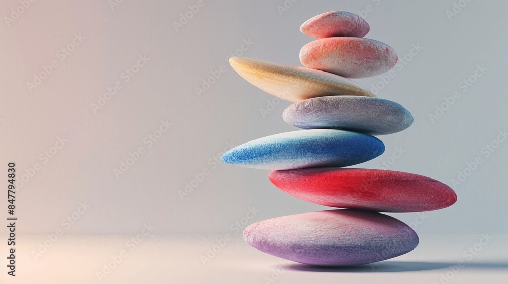 Poster balancing smooth colorful stones 3d rendering image. abstract composition wallpaper art colorful rea