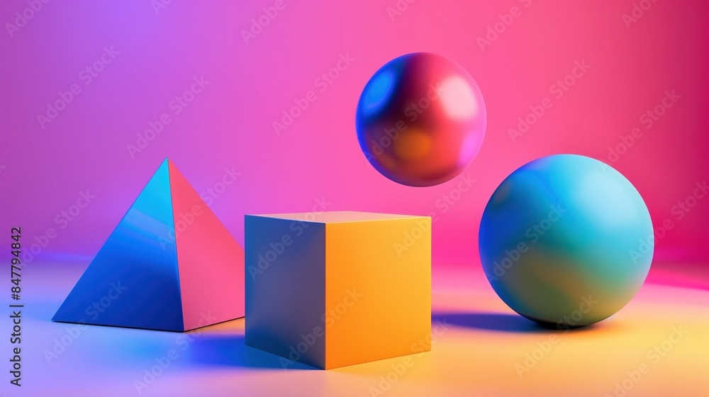 Poster neon geometric arrangement with spheres and blocks 3d rendering image. creative balance and simplici