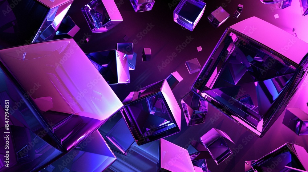 Poster purple neon glass cubes 3d rendering image. floating shapes with reflective surfaces. abstract futur