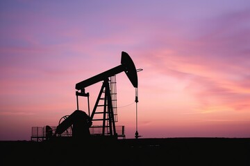 Working Pumpjack on sunset dusk. Oil refinery, chemical and petrochemical plant. Pump jack silhouette. Oil extraction concepts. Petroleum equipment. Business commercial trade fuel. Oil pumps and rig