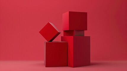 Red stacked cubes 3d rendering image. Abstract minimalist design. Blocks against solid red background wallpaper art colorful realistic. Abstraction concept idea, conceptual photo