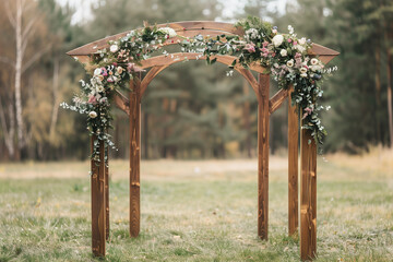 Fototapeta premium Rustic wooden wedding arch adorned with retro garland and flowers, perfect for a romantic wedding ceremony for newlyweds.
