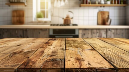 Selective focus on wooden kitchen island. empty dining table with food copy space. clean countertop for cooking against background of blurred furniture in modern style