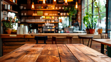 empty wooden table in front of abstract blurred background for product display in a coffee shop, local market or bar