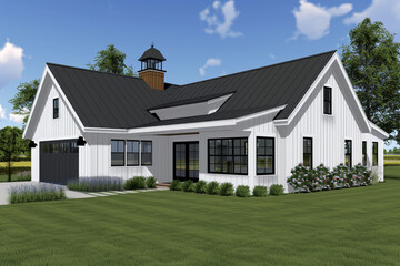 A farmhouse-style home depicted with white vertical siding, prominent front windows, and a rear-left garage.