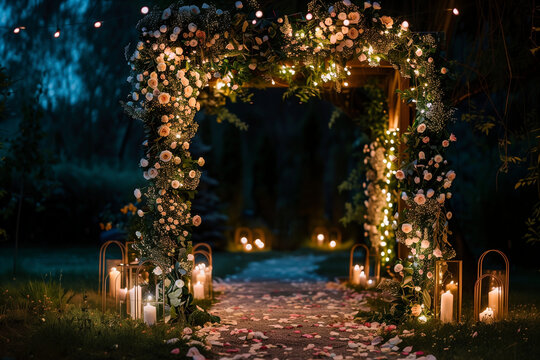 Beautiful wedding arch adorned with retro lights and night flowers, perfect for newlyweds' night reception photography.