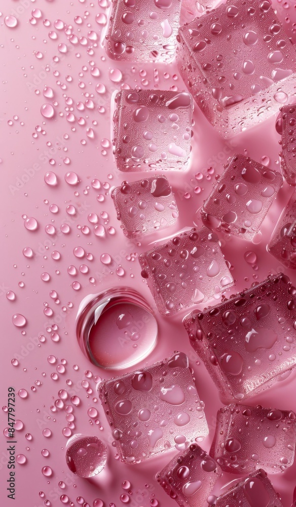 Poster close-up of ice cubes with water droplets on pink background creating a refreshing effect