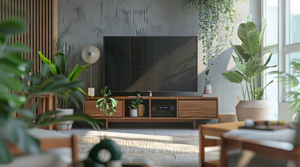 Cozy living room with modern TV stand and indoor plants