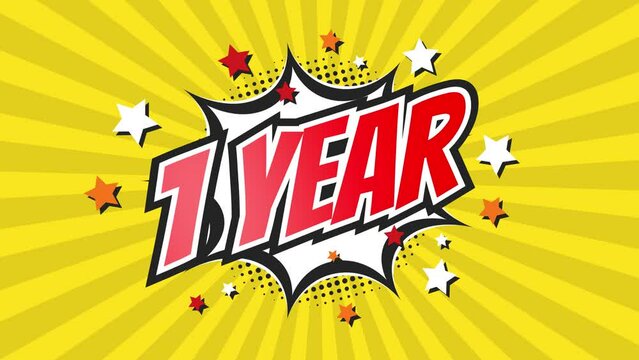1st first anniversary - 1 one year birthday. Animated text on pop colorful background with rotating rays.
