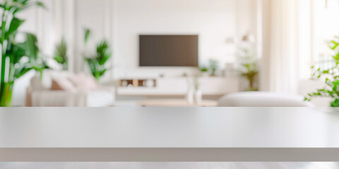 Fototapeta premium frontal view shot of empty white table in living room, white blurred living room with tv and furniture in the background