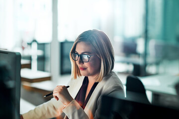 Computer, reading email and business woman in office for budget planning, research or report. Pc,...