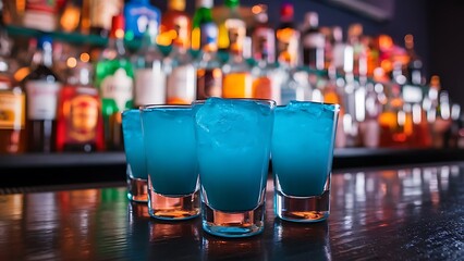 Popular blue drink shot kamikaze on the background of the bar with bottles a refreshing drink