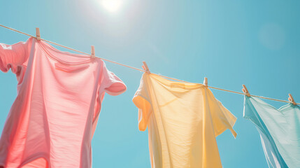 Colorful pastel t-shirts dry on a clothesline with clothespins. The clothes are hanging against the bright sunny blue sky background in a concept of laundry day.
