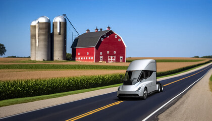 Eco-Friendly Transportation: Electric Truck Glides Past Farmland on Sunny Day