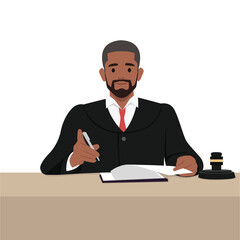 Male judge working at his desk in court. Flat vector illustration isolated on white background