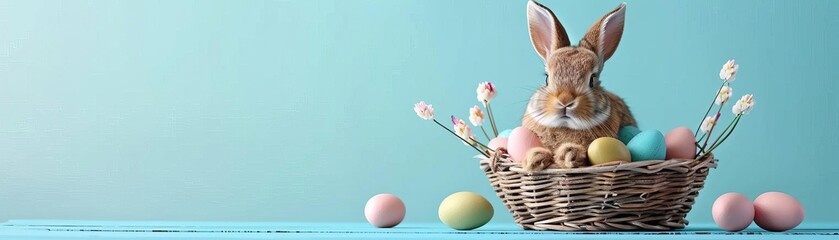 Easter banner with a cute bunny sitting in a basket full of colorful eggs on a blue background, copy space for text, studio shot in the style of studio shot