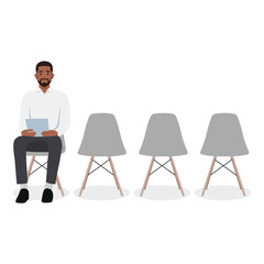 Fototapeta premium Waiting for interview. Confident young bearded businessman holding paper while sitting on chair. Flat vector illustration isolated on white background