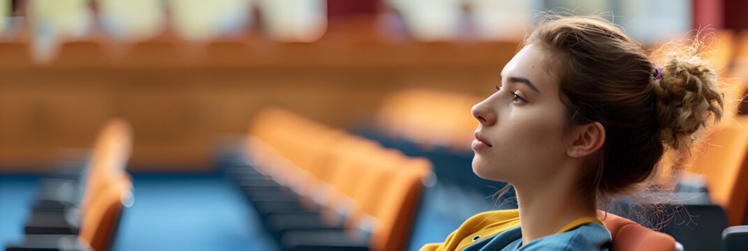 Thoughtful caucasian female student in lecture hall, back to school and academic contemplation concept