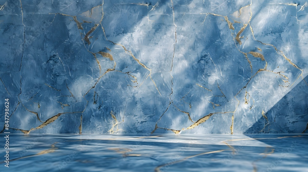 Poster an abstract blue marble background with golden veins, creating a luxurious and elegant atmosphere fo