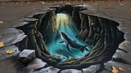 3D street art mural on a pavement, depicting a realistic underwater scene with a whale swimming in a deep, sunlit ocean cave, creating a captivating illusion.