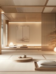 Minimalist Zen Room, Japanese Interior Design, Modern Tranquil Space, Serene Living Room, Clean Architectural Decor