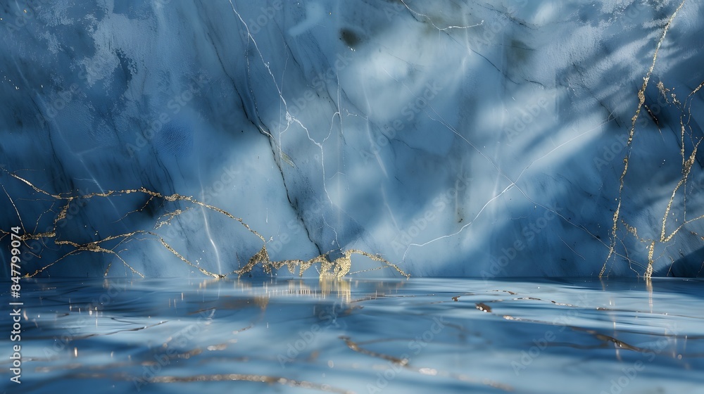 Poster an abstract blue marble background with golden veins, creating a luxurious and elegant atmosphere fo