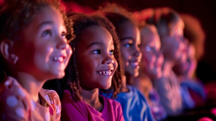 A close-up photo of several young children sitting in a theater, their faces illuminated by the...